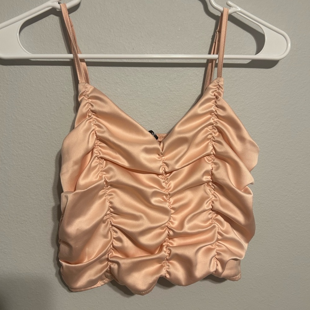 Pink Shirred Back Scrunched Satin Cami Top
